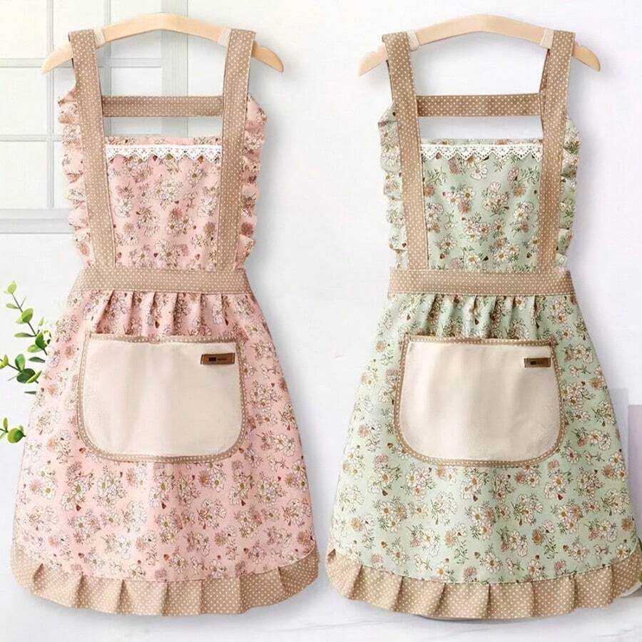 2pcs/1pc Floral Princess Apron With Adjustable H-Strap And Pocket, Suitable For Cooking, Baking And Restaurant Use, Pink And Beige Floral Pattern, Essential For Baking, Cute Apron, 2581 Sold