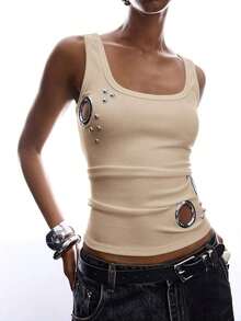 2026 Nueva Llegada, Top Minimalista Sin Mangas y Sin Espalda, Adecuado para Primavera/Verano, Estilo Hip-Hop, 100% Algodón, Top Personalizado Ajustado para Mujer, Chaleco de Algodón, Top con Botones Estilo Old Money, Tops Sexys para Damas, Top de Verano - Albaricoque - Ver 3