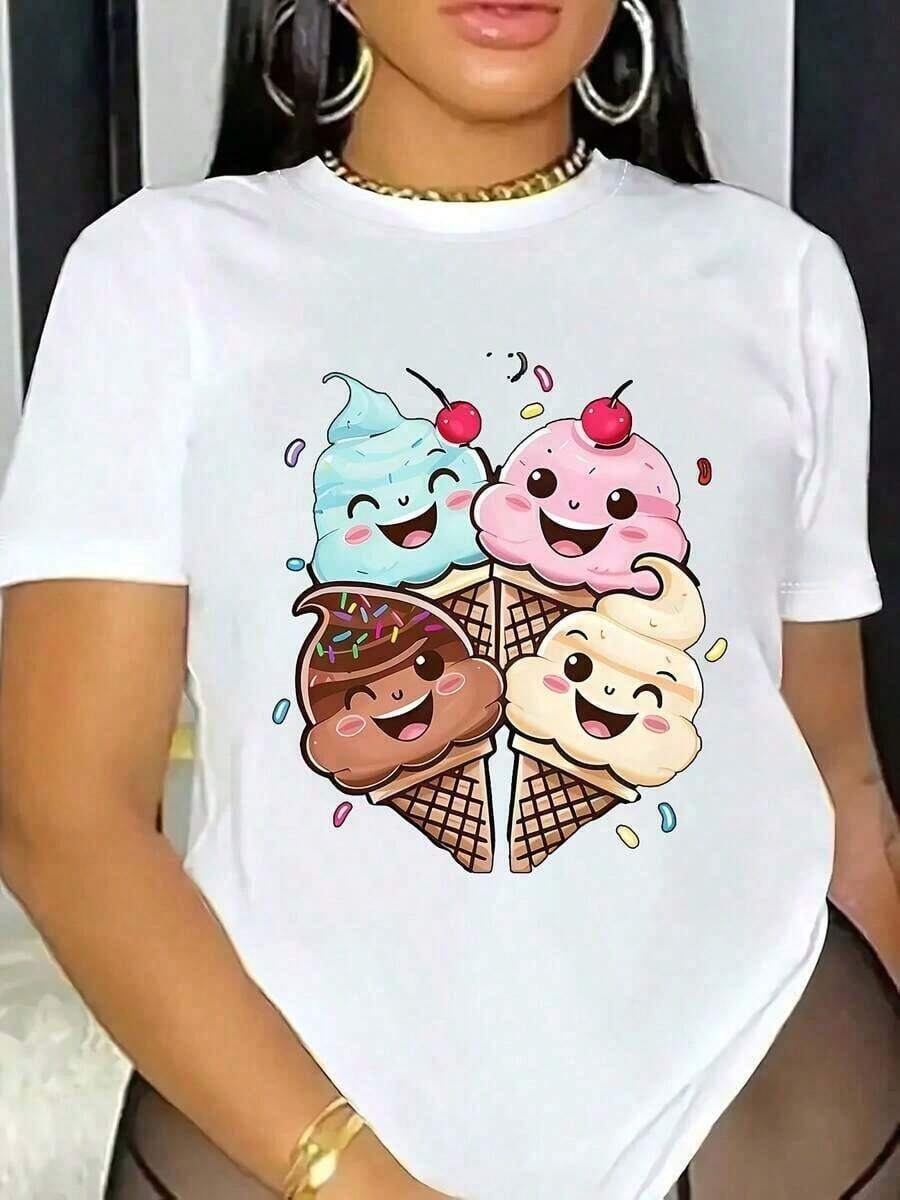 1pscCamiseta Casual de Manga Corta para Mujer con Estampado Divertido de Helados y Confeti - Top de Verano Suave y Elástico con Cuello Redondo, Camiseta Cómoda Lavable a Máquina para Atuendos Casuales, Camisetas para Mujer, Diseño Caprichoso, Material No Transparente, Ropa de Tallas Grandes para Mujer100% Cotton - Blanco - Ver 1