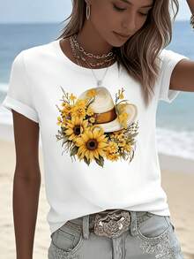 Women's Short-Sleeved Cotton T-Shirt With Sunflower And Flower Graphic Print, Ideal For Holidays, Casual Style, Round Neck, Women's Clothing. - 白色 - 查看 2