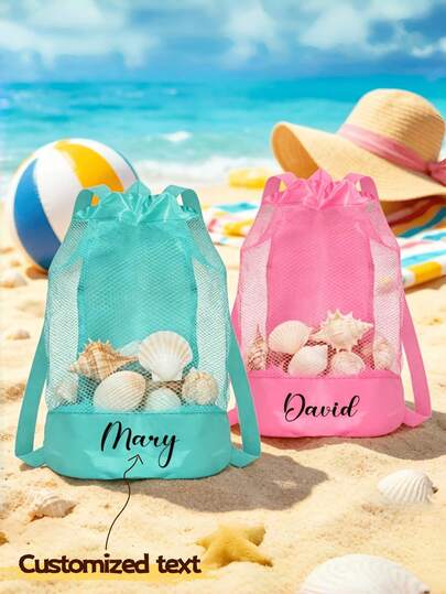 1pc Customizable Name Women's Backpack, Beach Storage Bag, Large Capacity Mesh Bag Multifunctional Travel Backpack, Beach Miscellaneous Storage Bag, Portable Mesh Bag, Lightweight Breathable Travel Backpack, Easy To Carry Sports Backpack, Solid Color Mesh Bag