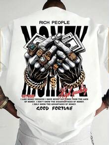 Camiseta de manga corta con estampado de grafiti de anillos y dólares, estilo urbano, estampado audaz, camiseta gráfica, material suave, tela transpirable, top para hombre, camiseta llamativa, para amantes del streetwear, estilo urbano Y2k. - Blanco - Ver 1