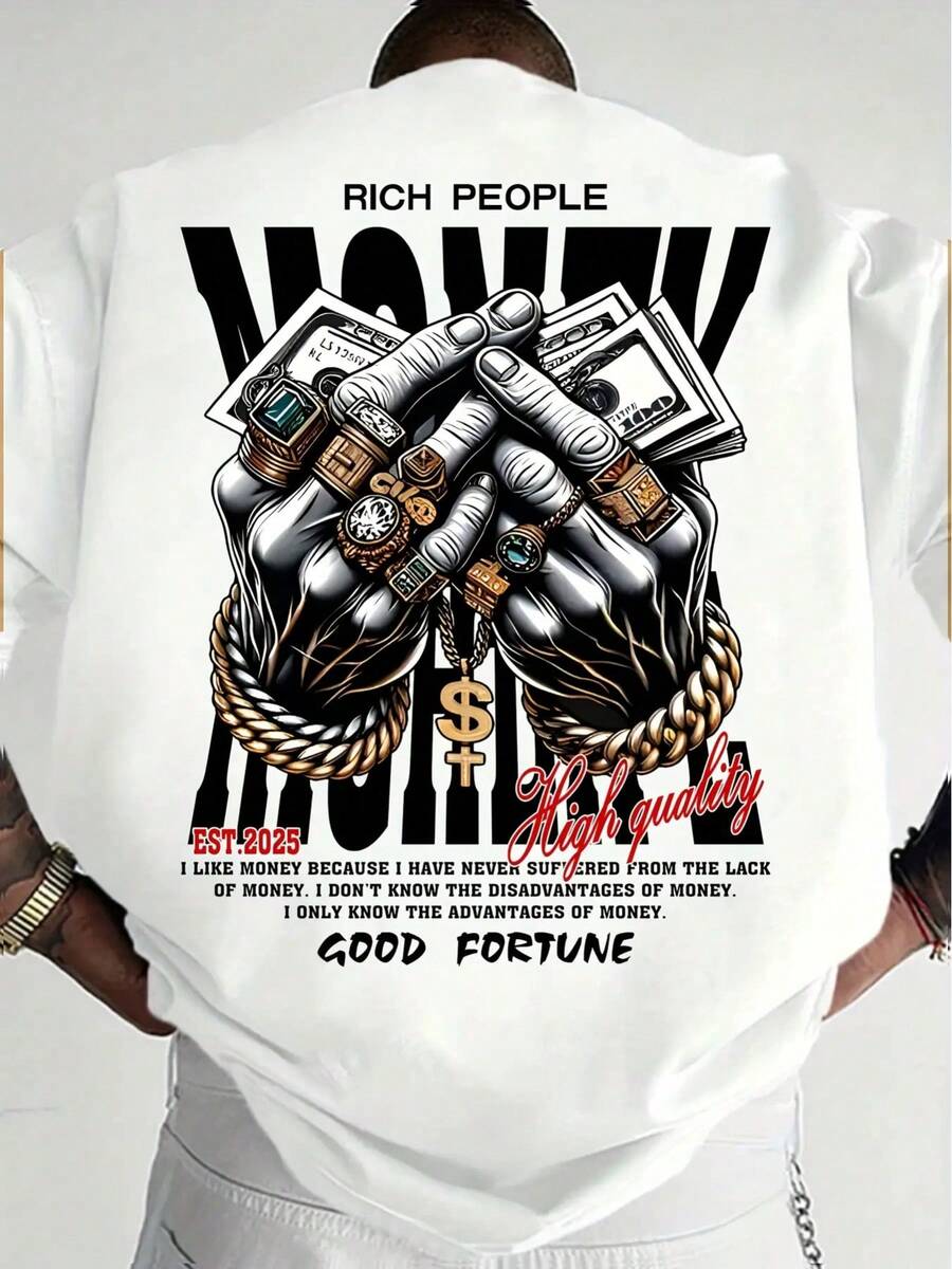 Camiseta de manga corta con estampado de grafiti de anillos y dólares, estilo urbano, estampado audaz, camiseta gráfica, material suave, tela transpirable, top para hombre, camiseta llamativa, para amantes del streetwear, estilo urbano Y2k. - Blanco - Ver 1