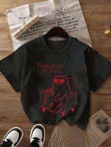 1 camiseta de talla grande para mujer, con la frase en español "Está bien, ya he llorado lo suficiente", con un gráfico de un gato con gafas de sol en forma de corazón sentado en una silla y tomando café. Camiseta casual de manga corta con cuello redondo, adecuada para primavera, otoño, verano, ideal para el Día de San Valentín y la vuelta al cole. Camiseta de talla grande para mujer, ropa de vacaciones, Día de San Valentín, top, verano, ropa de talla grande para mujer, Día de San Valentín. Blanco 180g 100% Algodón - Negro - Ver 3