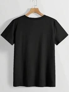 Camiseta de algodón 100% para mujer con estampado de letras y anime, cuello redondo, diseño sencillo, cómoda y transpirable, naturalmente elegante, adecuada para uso casual diario, se puede usar en todas las estaciones, imprescindible para fiestas, entrega local. - Negro - Ver 2