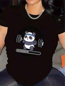 Women's T-Shirt With Panda Print, Ideal For The Gym Or Home. Lightweight And Durable, With A Comfortable Fit, Suitable For Everyday Wear. A Perfect Choice For Sports Enthusiasts And Casual Wear. This  T-Shirt Features A Crew Neck, Medium-Stretch Fabric, And A Printed Design. It Has A 2000s Style And Is Perfect For Mother's Day. Casual Women's Clothing. Casual Blouses For Women. Comfortable And Lightweight. - 黑色 - 查看 1