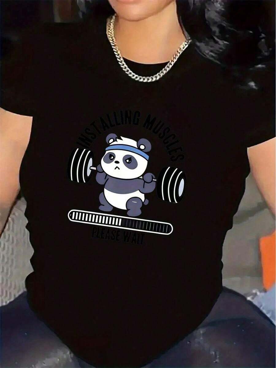 Women's T-Shirt With Panda Print, Ideal For The Gym Or Home. Lightweight And Durable, With A Comfortable Fit, Suitable For Everyday Wear. A Perfect Choice For Sports Enthusiasts And Casual Wear. This T-Shirt Features A Crew Neck, Medium-Stretch Fabric, And A Printed Design. It Has A 2000s Style And Is Perfect For Mother's Day. Casual Women's Clothing. Casual Blouses For Women. Comfortable And Lightweight. - 黑色 - 查看 1