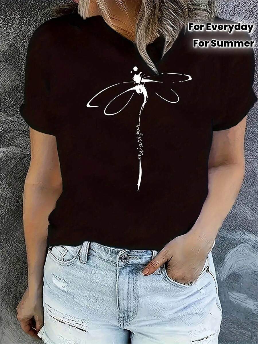 Limited Edition Short-Sleeved T-Shirt With Round Neck And Dragonfly Print, Made Of Lightweight And Breathable Cotton - Casual Summer T-Shirt, Made Of Medium-Stretch Fabric, Machine Washable, Suitable For Everyday Wear - Optional (Not Lightweight Cotton) - 黑色 - 查看 1