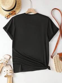 Women's Soft 100% Cotton Short-Sleeved T-Shirt, Single Pack, Fun EKG Heart Art Print Design, Elastic Round Neck Top, Comfortable Outdoor Wear In Spring And Summer, Cute Y2K Top, Loose, Casual, Simple And Fashionable Round Neck, Soft Fabric, Breathable Cotton T-Shirt With Daily Fashion Print, Matches With Everything. - 黑色 - 查看 2