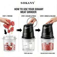 SOKANY 06025 食品研磨機與處理機，300W 銅馬達，0.7L 加厚玻璃碗，S 型 4 葉刀片，雙速智能開關，適合肉餡填充、蔬菜切碎與大蒜切碎，易清洗，多功能居家助手 - 黑色 - 查看 2