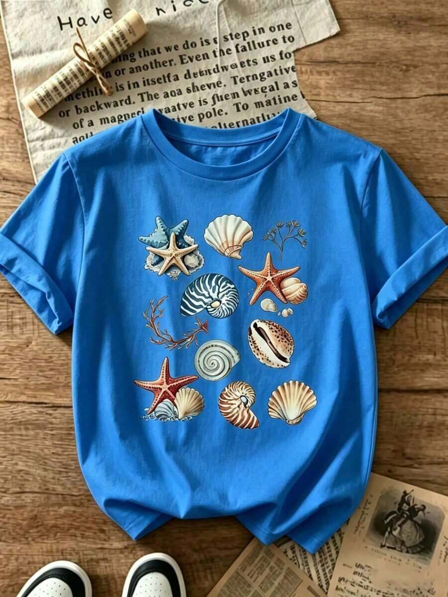 Casual Beach T-Shirt For Men And Women - Starfish, Seashells And Coral Reef Design In Light Beige - Soft Crew Neck T-Shirt For Everyday Summer Wear - Machine Washable - Outfit For Beach Vacations And Daily Use - Blue - View 1