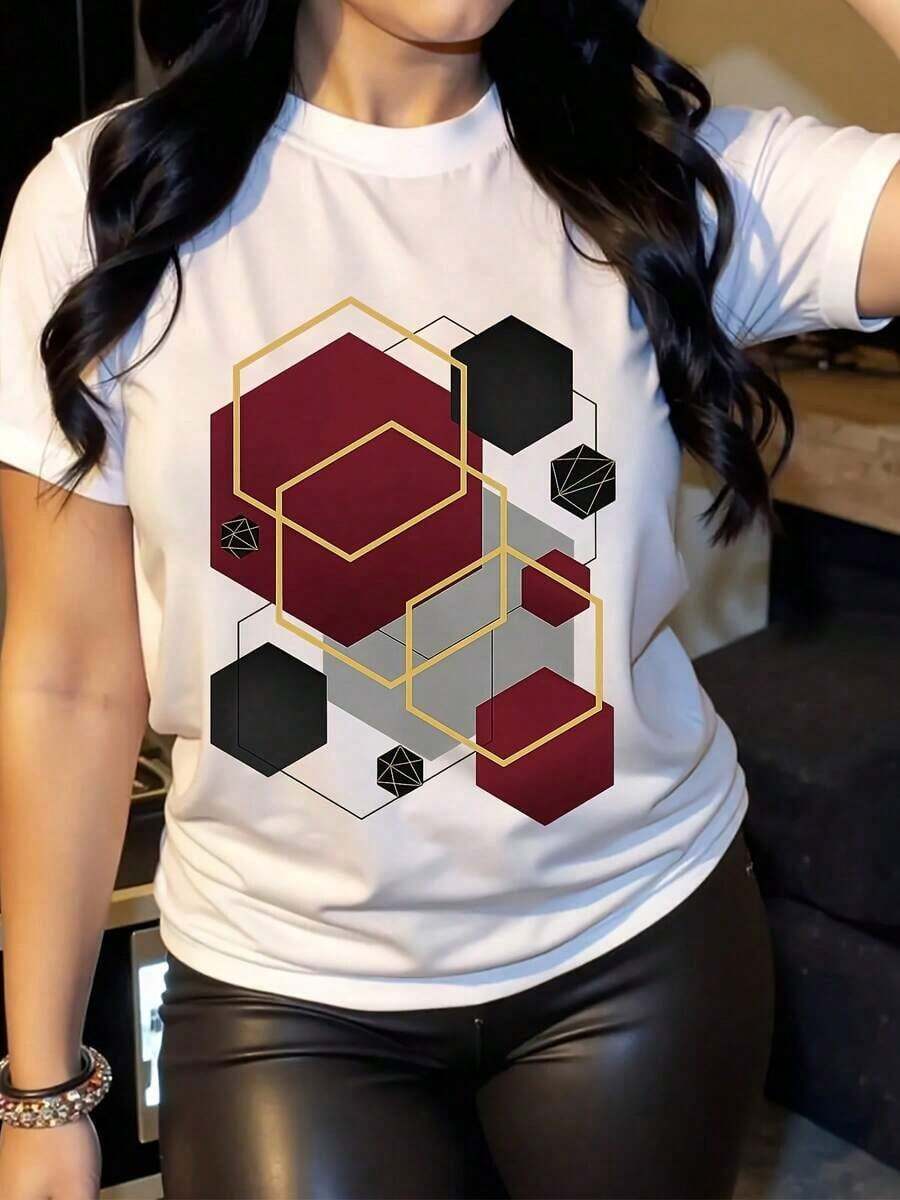Women's Casual Short Sleeve T-Shirt - Abstract Geometric Hexagon Art Print With Gold Lines, White With Black And Burgundy Details, Regular Fit, Round Neck, Summer Top, Machine Washable, Gift For Family And Friends, Relaxed Style T-Shirt, Comfortable Fabric, Leisure - 白色 - 查看 1