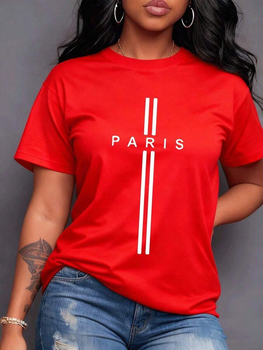 A Sophisticated Graphic Featuring The Word PARIS And Elegant Vertical Lines Crossing It Represents The Heart Of French Fashion And Culture. Women's 100% Cotton T-Shirt, Comfortable, Urban, Casual, Versatile, Cool For Summer, Maija Curvy Women. - 紅色 - 查看 1