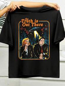 Soft And Comfortable Korean Style T-Shirt, Women's Casual Wear, Black Short Sleeve T-Shirt With Cartoon Portrait Print And UFO Design "The Truth Is There" - Round Neck, Regular Fit, Machine Washable, Comfortable Top For All Seasons, Everyday Wear, Vintage Style, 100% Breathable Cotton Opaque Fabric - 黑色 - 查看 1