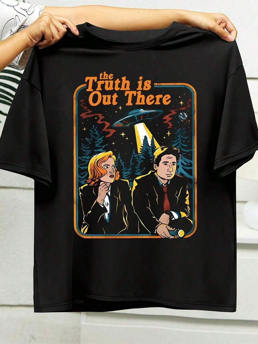 Soft And Comfortable Korean Style T-Shirt, Women's Casual Wear, Black Short Sleeve T-Shirt With Cartoon Portrait Print And UFO Design "The Truth Is There" - Round Neck, Regular Fit, Machine Washable, Comfortable Top For All Seasons, Everyday Wear, Vintage Style, 100% Breathable Cotton Opaque Fabric - 黑色 - 查看 1
