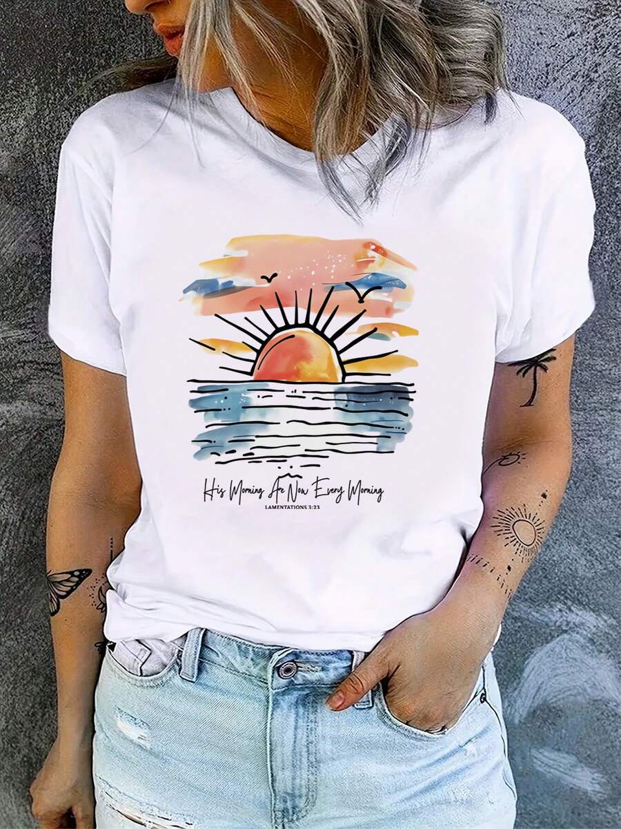 Camiseta Casual de Mujer con Diseño de Amanecer y Atardecer en Acuarela - Camiseta Gráfica Casual de Manga Corta y Corte Ajustado - Camiseta Blanca Atractiva con Sol Brillante, Ondas, Pájaros y Nubes en Tonos Azules y Naranjas - Camiseta de Manga Corta de Algodón Holgada Unisex de Estilo Vintage Urbano para Mujer - Blanco - Ver 1