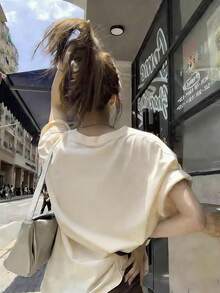 国内発送200g 100%純綿2026新型レディース半袖Tシャツ、Y2Kルーズフィット、春夏韓国風カジュアルトップス - アプリコット - チェックする 3