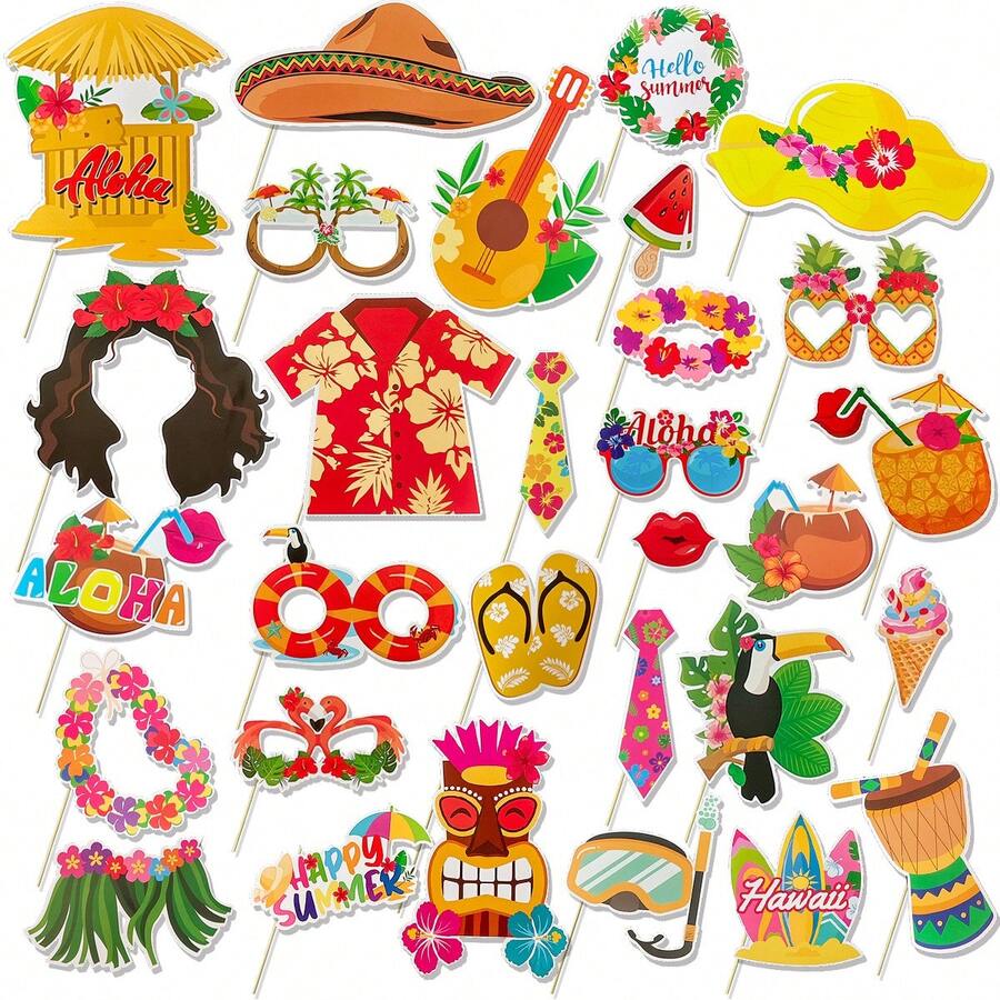 30 piezas Accesorios de fotomatón con temática hawaiana para fiesta, Accesorios de fotografía de fiesta de playa ALOHA, Accesorios de fotografía de fiesta de yate de verano - Ver 1