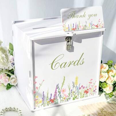1 Hộp Thiệp Cưới (Thiết kế hoa tươi). Thích hợp cho nhiều dịp khác nhau bao gồm tiệc cưới, sự kiện công ty, lễ tốt nghiệp và hơn thế nữa. Chiếc hộp đa năng này có hai công dụng: vừa cung cấp nơi cất giữ tiện lợi, vừa là vật trang trí duyên dáng. Mang vẻ đẹp "hoa dại mùa xuân", hộp đựng thiệp bằng nhựa PVC này được trang bị khóa để cất giữ phong bì và thiệp một cách an toàn.