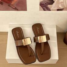 French Elegant Metal Square Buckle Flip Flops For Women, Flat Casual Commuting Holiday High-Quality Sandals For Summer - Brown - View 10