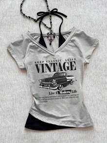 Camiseta de mujer casual de cuello en V retro, con atar, de manga corta y contraste de color, adecuada para el verano - Gris Claro 4 - Ver 9