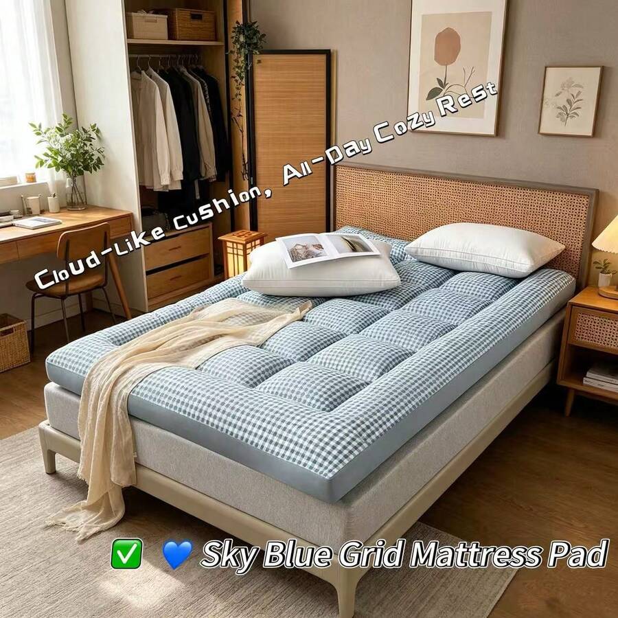 Thickened Mattress Pad - Multiple Sizes Available | Soft & Breathable Mattress | Relieves Back Pain, Elastic & Comfortable Design, 100% Polyester, Yellow Plaid Pattern - Dusty Blue - View 1