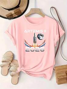 Camiseta Vintage con Estampado Temático de la Misión Lunar Artemis II 2026 - Camiseta Casual de Manga Corta con Cuello Redondo para Mujer, Mezcla de Poliéster Suave, Corte Holgado, Esencial para la Moda de Primavera/Verano. - Negro - Ver 9