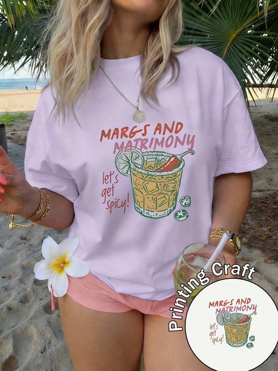 Women's Summer 2026 T-Shirt With Daisy Print And 'MARGS AND MATRIMONY' Text, Casual Design, Easy To Wash, Ideal For Travel And Everyday Wear - 紫色 - 查看 1