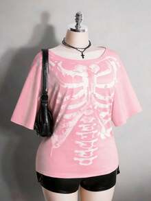 2026 Summer Collection,ICON Women's Plus Size Autumn/Winter Warm Retro Distressed Sexy Fashion Avant-Garde Bold Street Style Millennial Y2K Dark Gothic Punk Skull Rose Pattern Loose T-Shirt Gothic Summer Clothes Gothic Clothing For Women,Sizes 3–7XL, Free Shipping,  Within 24 Hours - Hồng - Xem 7