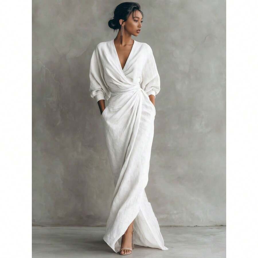 DAILY DOSE 2026 New Elegant Solid Color V Neck Long Sleeve Slit Waist Pocket Midi Dress For Women Chic European And American Style Party Casual Bodycon Maxi Dress With Side Slits, Girls' Gifts - 白色 - 查看 1
