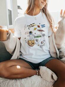 Women's T-Shirt With Astronaut Graphic Print In Space And Mars - Short Sleeve, Casual Crew Neck With Fun Design And Stars, Breathable And Stretchy Fabric For Summer And Spring, Machine Washable, Space Themed Clothing, Comfortable Fit - [白色的] - 查看 6