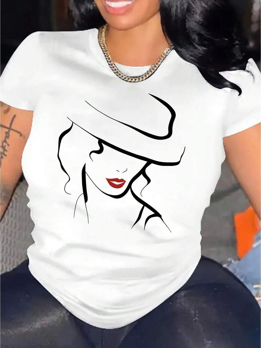 Creative Line Art Of Beautiful Women, Patterned Prints, Women'S Round-Neck Short-Sleeve T-Shirt, Simple Casual Sports Tee, Comfortable Summer Top For Holidays. - White - View 1