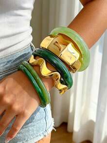 6pcs/Set Vintage Elegant Bohemian Summer Holiday Geometric Asymmetrical Green Resin Tie Dye Bracelet Set, Acrylic Fan-Shaped Wave Bracelets, Y2K Cute Jewelry Accessories Suitable For Women Summer Beach Party Birthday Daily Wear, Gift For Her - Multicolor - View 5