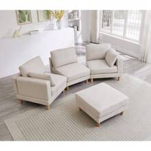Nordic 3-Seater Corner Sofa With Ottoman 235*152*78 Cm – L-Shaped Sofa In Beige Made Of Polyester & Solid Wood Legs For The Modern Living Room - Beige - View 6
