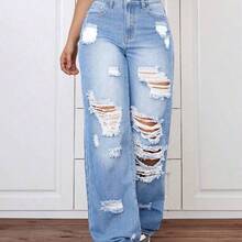 ICON Plus Size Women's Street Style Distressed Straight Leg Jeans, Summer - Lavado ligero - Ver 6