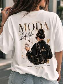Camiseta con estampado de camisa casual para mujer, manga corta y cuello redondo, moda urbana local de primavera/verano. - Blanco - Ver 1