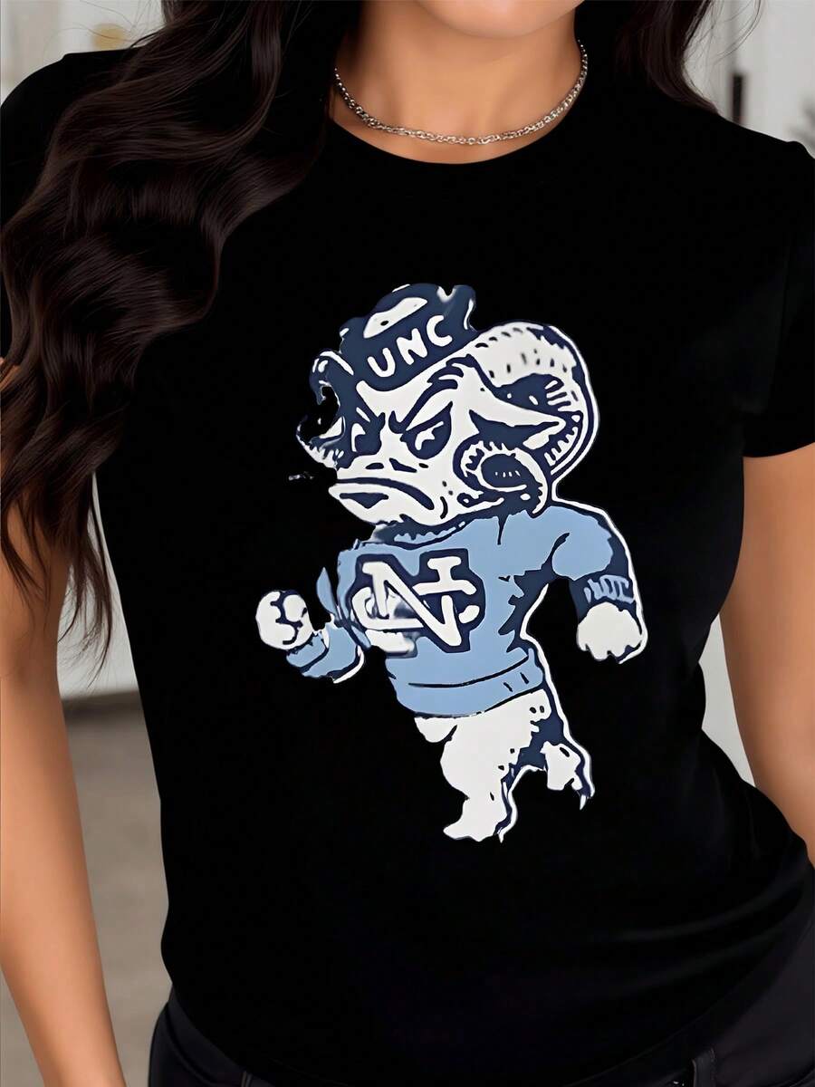 Brave Ram Figure Wearing A Blue Sweater Symbolizing Strength, Determination, And Sportsmanship, Inspiring Positive Energy And Daily Confidence. Comfortable, Modern, Casual Women's T-Shirt - 黑色 - 查看 1
