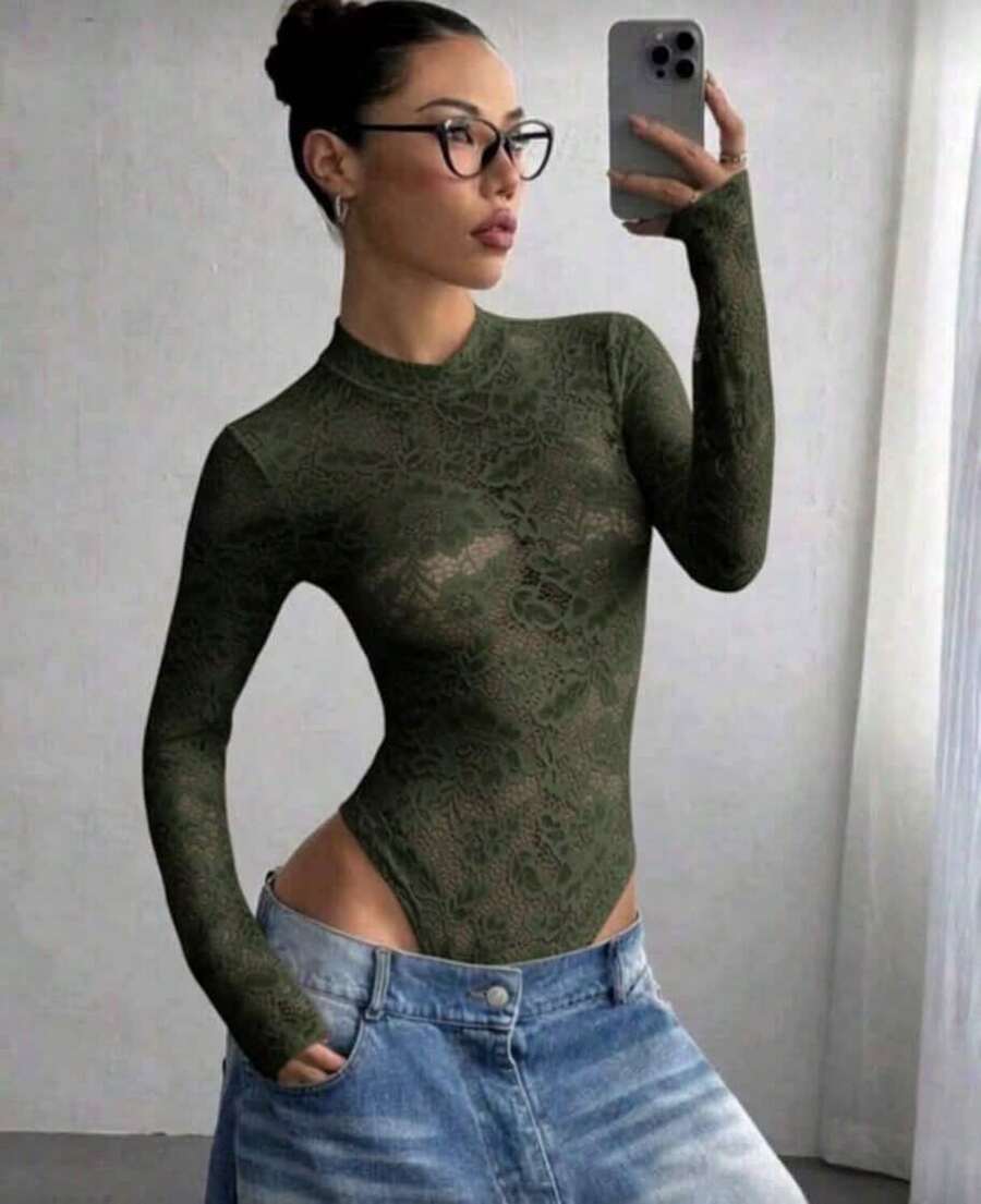 Women's Sexy Long Sleeve Tulle Lace Bodysuit With Delicate Flower, Transparent, Sizes S, M, L. Sensual Clothing, Night Outfit, Party Look, Elegant Style, Romantic, Lingerie, Fashion, , Blogger Style, Winter And Autumn, Night Out, All Print, Transparent, Sheer Fabric, Transparent, Sheer Fabric - 軍綠色 - 查看 1