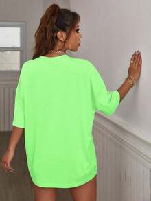 Camiseta Casual Holgada de Verano para Mujer  con Estampado de Letras, Cuello Redondo y Mangas Caídas, Camisetas Gráficas para Mujer.Estilo Y2K, estilo a la moda, lo más nuevo de 2026, estilo lindo, estilo casual.180g (Tallas S-XXXL) - Verde - Ver 2