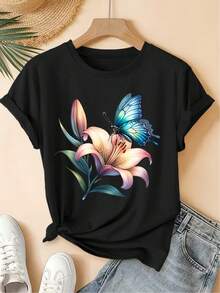 Talla Grande - Talla Grande - Talla Grande 2026 Primavera/Verano Nueva Camiseta de Mujer de Manga Corta con Cuello Redondo y Estampado de Lirios en Acuarela, Top Casual de Estilo Vintage Desgastado - Negro - Ver 2