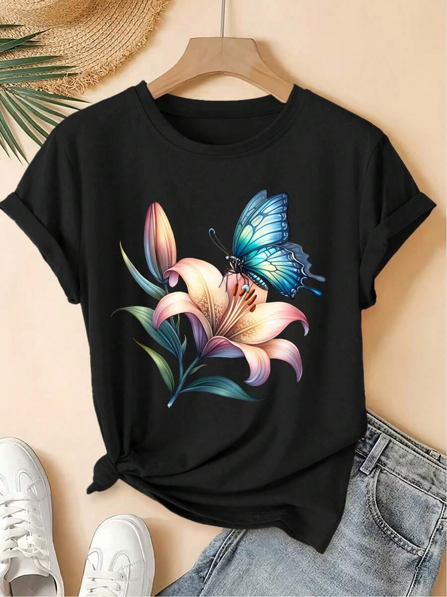 Talla Grande - Talla Grande - Talla Grande 2026 Primavera/Verano Nueva Camiseta de Mujer de Manga Corta con Cuello Redondo y Estampado de Lirios en Acuarela, Top Casual de Estilo Vintage Desgastado