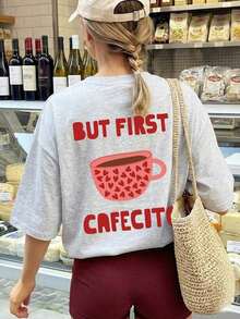 1 camiseta de verano para mujer con cuello redondo y manga corta, estampado de corazón rosa y taza de café, letras en inglés, corte holgado informal y versátil, adecuada para verano, playa, calle, uso diario, trabajo, fiesta de oficina, salida, festival, evento musical, Día de San Valentín, fiesta, color blanco. - Amarillo - Ver 11