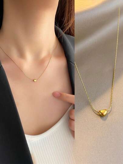 2026 Minimalist Titanium Steel Heart Necklace, Unique Design 18K Gold Plated Delicate Clavicle Chain Pendant Necklace For Women
