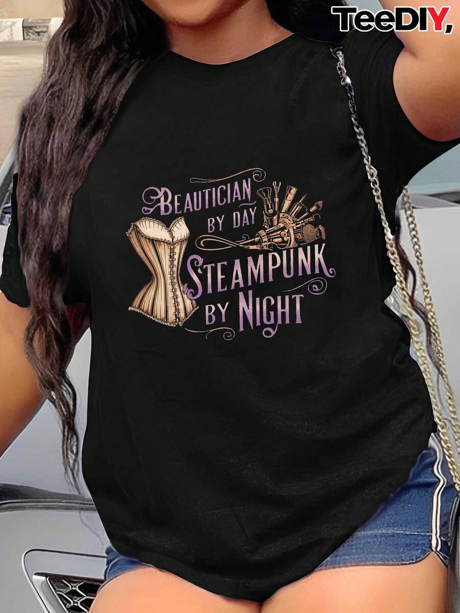 OversizeCamiseta steampunk ajustada para mujer con estampados de herramientas de belleza de estilo victoriano (peine, horquilla, espejo) - blanca con engranajes y ruedas dentadas rosas - camiseta casual de cuello redondo, adecuada para fiestas temáticas y moda steampunk - lavable a máquina y encantadora. - Negro - Ver 1