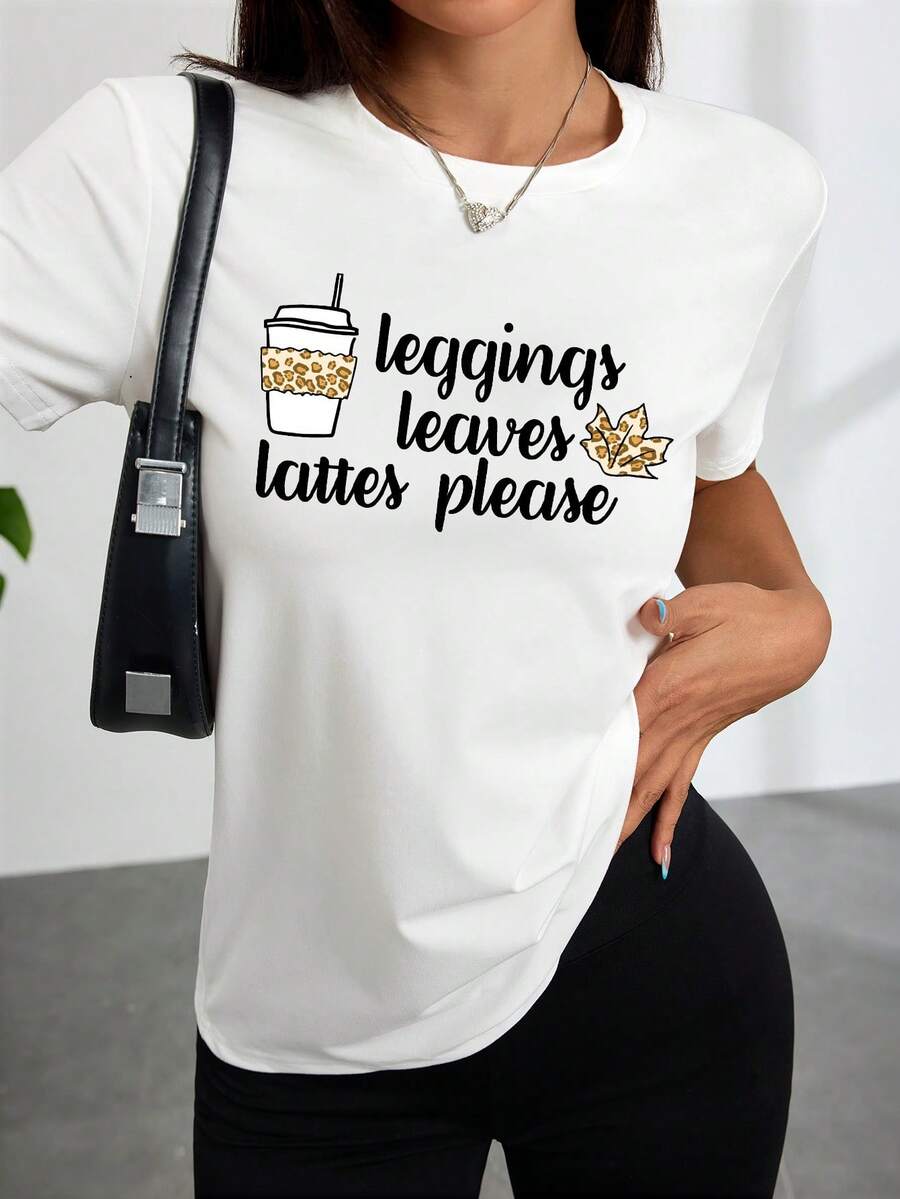 Women's Fashion T-Shirt With White Front Print Leggings With Lattes Please Coffee Cup And Leopard Leaf Design Comfortable Casual Wear For Everyday Outings And Coffee Runs - 白色 - 查看 1