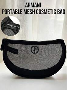 Giorgio Armani Black Mesh Cosmetic Bag, With Gold Zipper Transparent Makeup Pouch Featuring Logo, Breathable Mesh Design For Quick Access, Compact Crescent Shape Design For Storing Lipsticks, Skincare Samples And Small Daily Necessities, Lightweight Durable Material Easy To Clean And Reuse, Suitable For Travel, Work, Beach And Daily Use, Multifunctional Makeup And Accessory Storage, Minimalist Fashionable Appearance, Ideal Gift For Makeup Lovers, Fashion Enthusiasts And Friends - Black - View 2