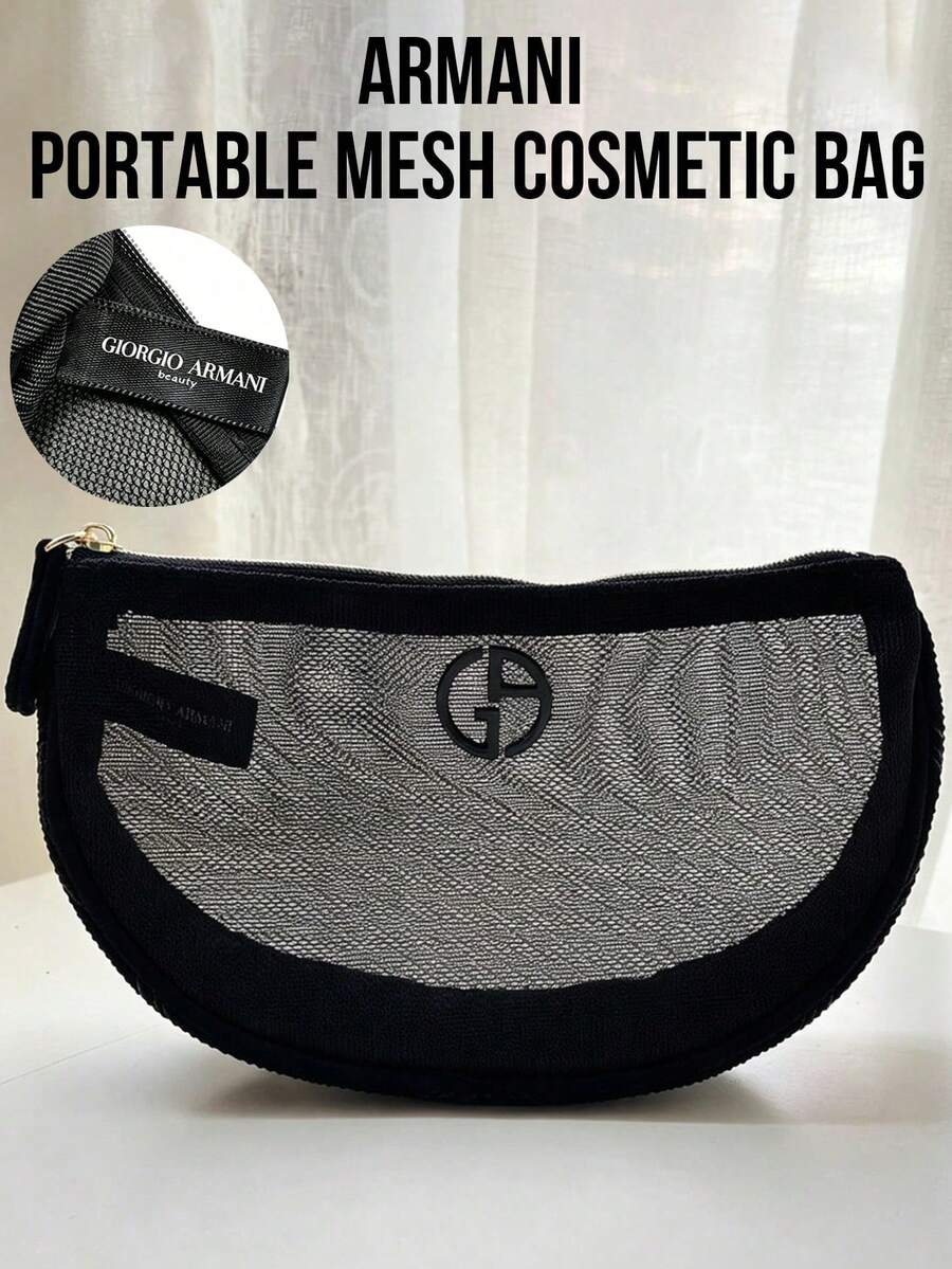 Giorgio Armani Black Mesh Cosmetic Bag, With Gold Zipper Transparent Makeup Pouch Featuring Logo, Breathable Mesh Design For Quick Access, Compact Crescent Shape Design For Storing Lipsticks, Skincare Samples And Small Daily Necessities, Lightweight Durable Material Easy To Clean And Reuse, Suitable For Travel, Work, Beach And Daily Use, Multifunctional Makeup And Accessory Storage, Minimalist Fashionable Appearance, Ideal Gift For Makeup Lovers, Fashion Enthusiasts And Friends