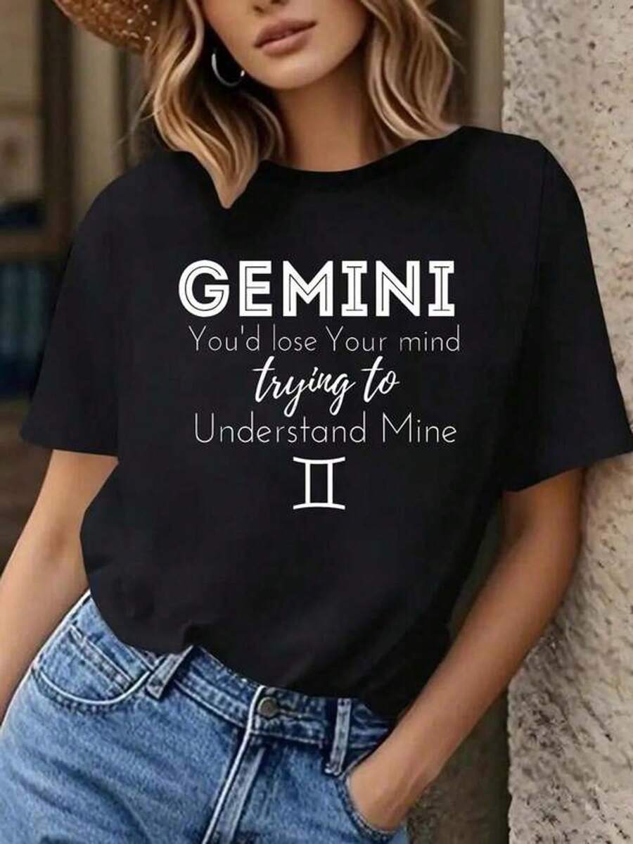 001 Camiseta con estampado de Géminis para mujer - Será difícil que me entiendas, camiseta casual de cuello redondo, de estiramiento medio, lavable a máquina, top negro para primavera y verano, letras blancas llamativas, camiseta de mujer, moda de primavera, diseño, material suave - Estilo callejero vintage unisex, camiseta de algodón holgada de manga corta y cuello redondo