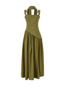 Elegant Women's Strapless Dress With Scarf, Unique Design, High Slit, Pleated, Fitted Waist, And Full Skirt - 綠色 - 查看 3