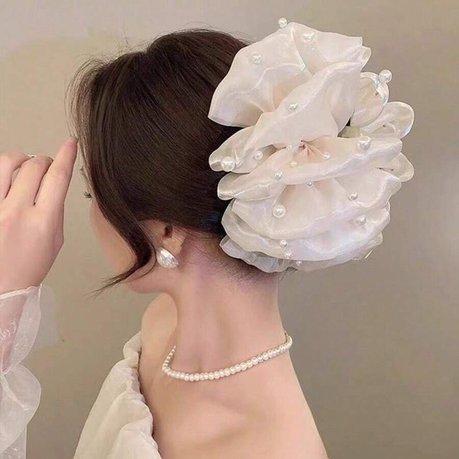 1件女款法式浪漫風純色亮面歐根紗大號雲朵髮夾，附白色蝴蝶結，夏季海灘髮飾抓夾